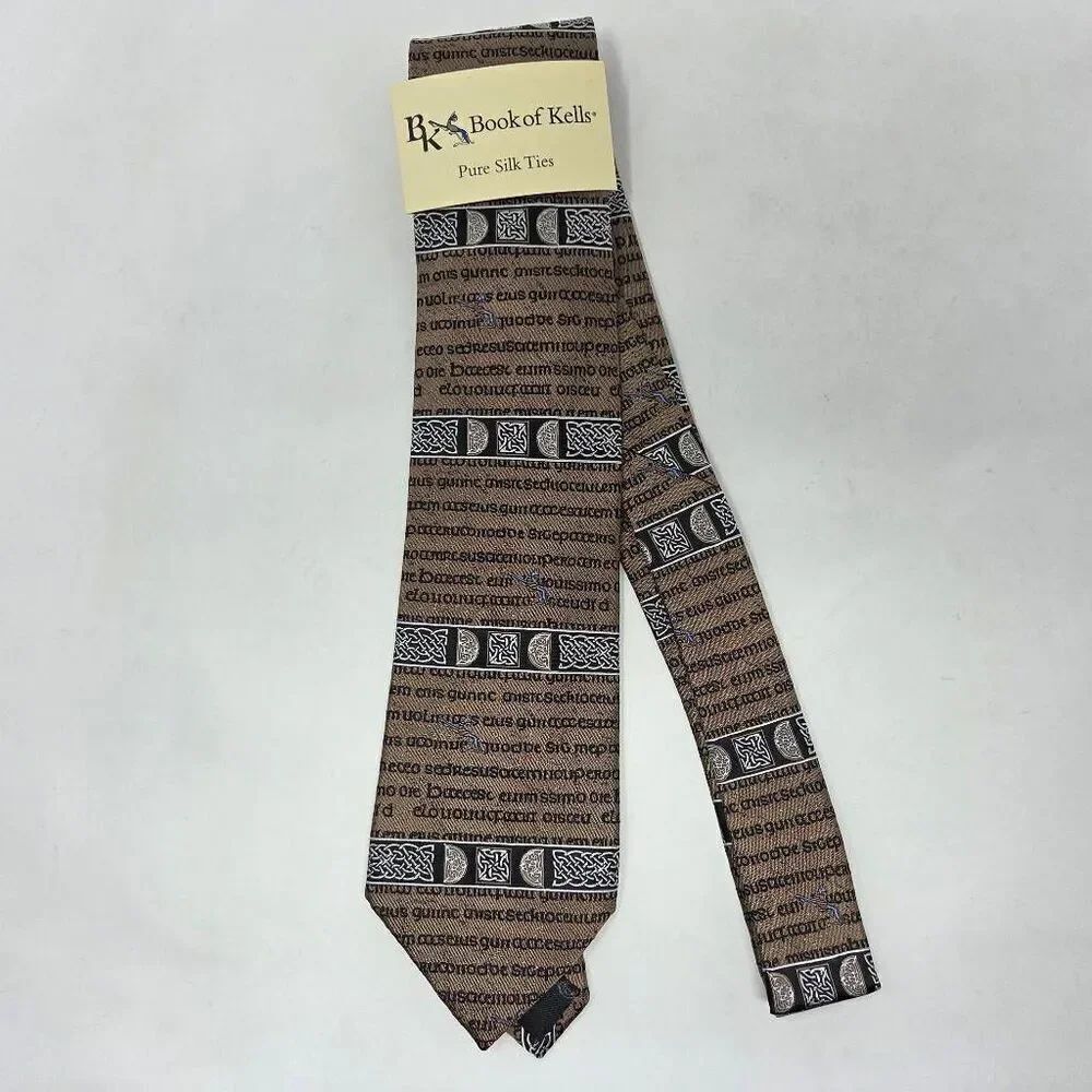 BOOK OF KELLS PURE SILK TIE BLACK BRONZE CELTIC MANUSCRIPT LUXURY 3.5" X 59" NEW
